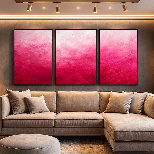 Trio de Quadros Abstrato Degradê Rosa Pink Fúcsia Textura Canvas Moldura