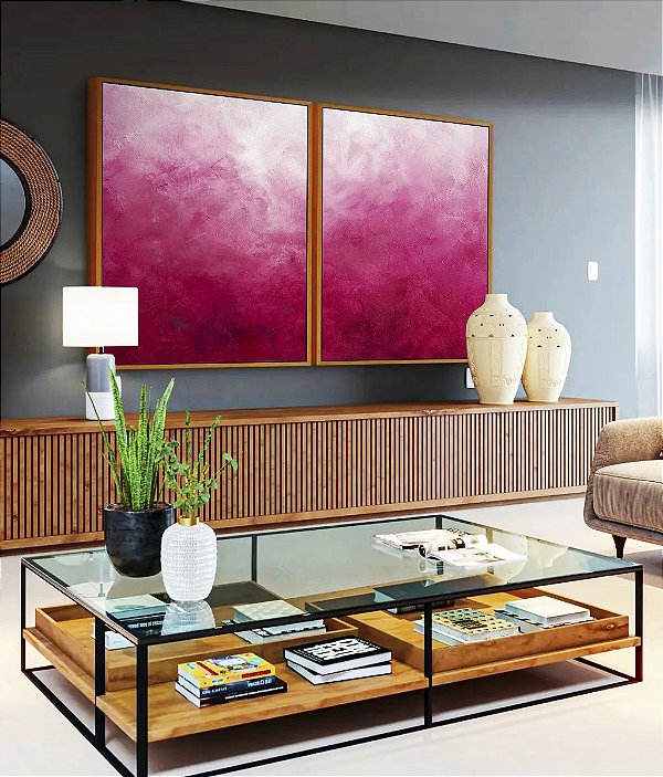 Duo de Quadros Abstrato Degradê Rosa Pink Fúcsia Textura Canvas Moldura