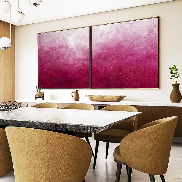 Duo de Quadros Quadrados Abstrato Degradê Rosa Pink Fúcsia Textura Canvas Moldura