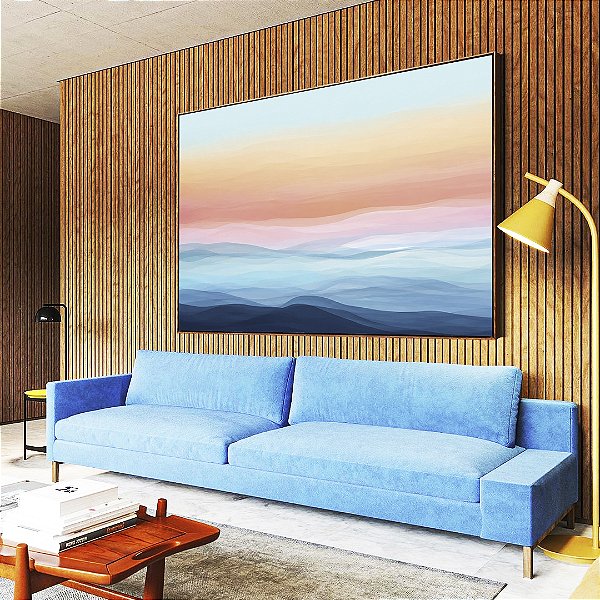 Quadro Horizontal Paisagem Abstrata horizonte Sereno Azul e Rosa Canvas Moldura
