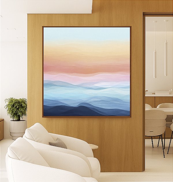 Quadro Quadrado Paisagem Abstrata horizonte Sereno Azul e Rosa Canvas Moldura