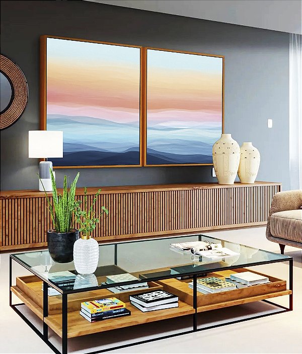 Duo de Quadros Paisagem Abstrata horizonte Sereno Azul e Rosa Canvas Moldura
