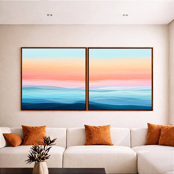 Duo de Quadros Quadrados Paisagem Abstrata horizonte Sereno Azul e Rosa Canvas Moldura