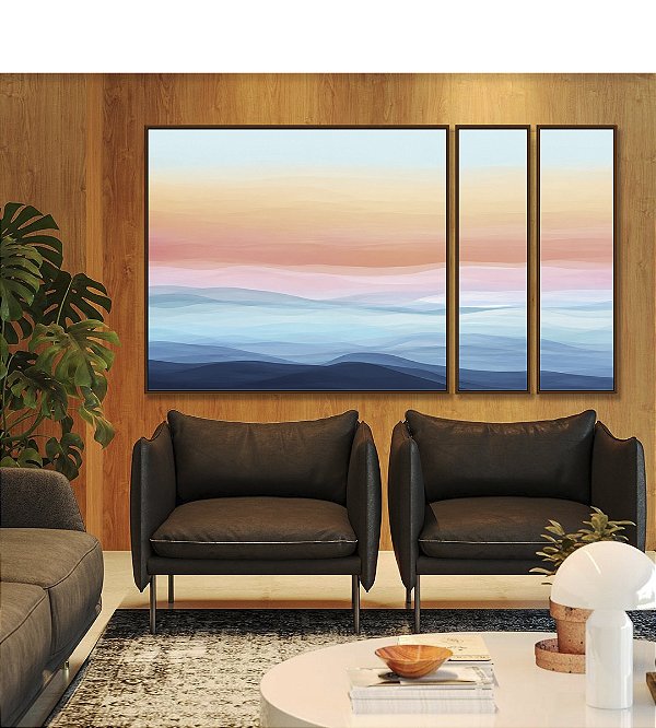 Trio de Quadros Estilizados Paisagem Abstrata horizonte Sereno Azul e Rosa Canvas Moldura