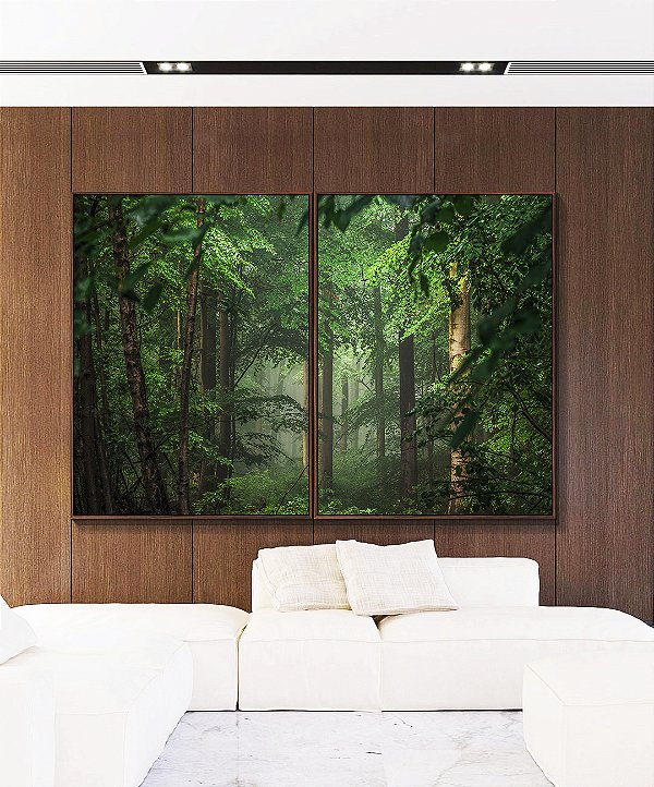Duo de Quadros Floresta Verde Intenso Serenidade Natureza Paisagem Canvas Moldura