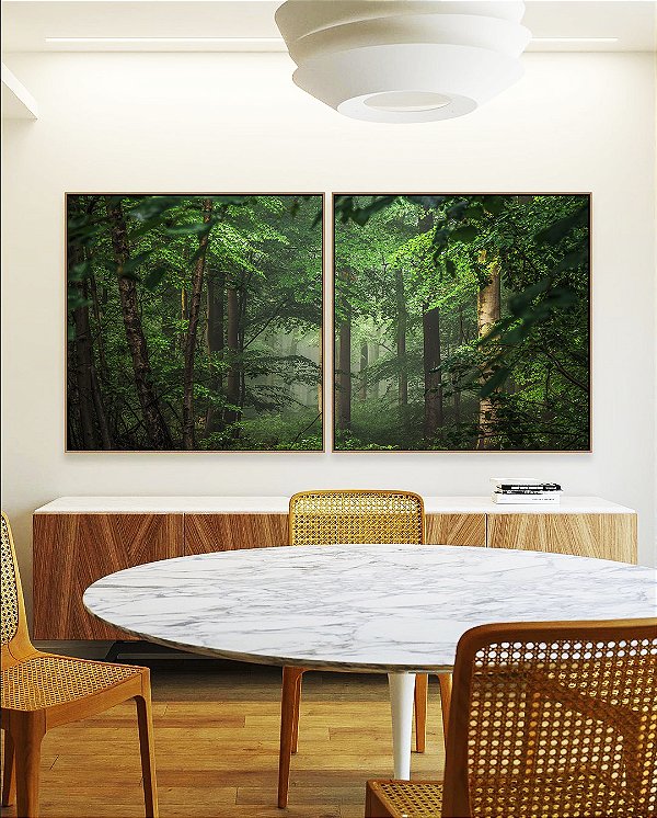Duo de Quadros Quadrados Floresta Verde Intenso Serenidade Natureza Paisagem Canvas Moldura
