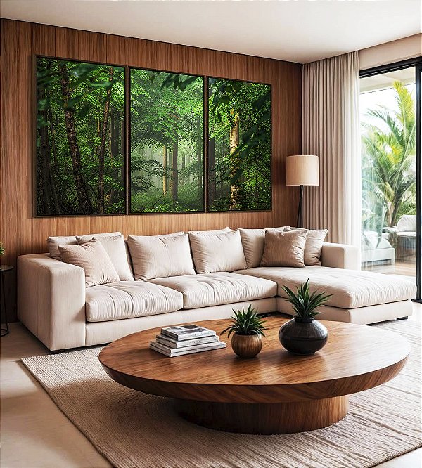 Trio de Quadros Floresta Verde Intenso Serenidade Natureza Paisagem Canvas Moldura
