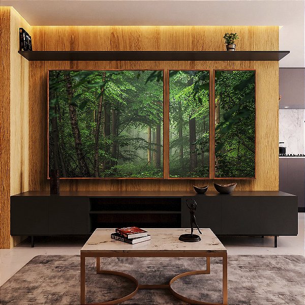 Trio de Quadros Estilizados Floresta Verde Intenso Serenidade Natureza Paisagem Canvas Moldura