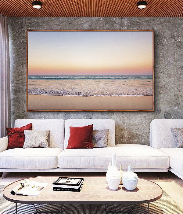 Quadro Horizontal Horizonte Rosé sobre Mar Sereno Praia Areia Clara Canvas Moldura