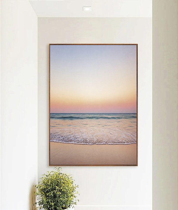 Quadro Vertical Horizonte Rosé sobre Mar Sereno Praia Areia Clara Canvas Moldura