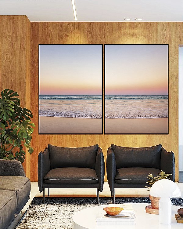 Duo de Quadros Horizonte Rosé sobre Mar Sereno Praia Areia Clara Canvas Moldura