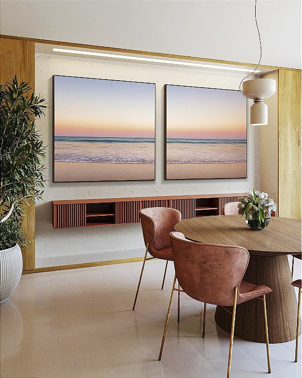 Duo de Quadros Quadrados Horizonte Rosé sobre Mar Sereno Praia Areia Clara Canvas Moldura