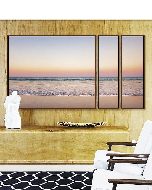 Trio de Quadros Estilizados Horizonte Rosé sobre Mar Sereno Praia Areia Clara Canvas Moldura