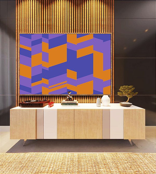 Quadro Horizontal Abstrato Mosaico Geométrico Lilás Roxo Laranja Canvas Moldura