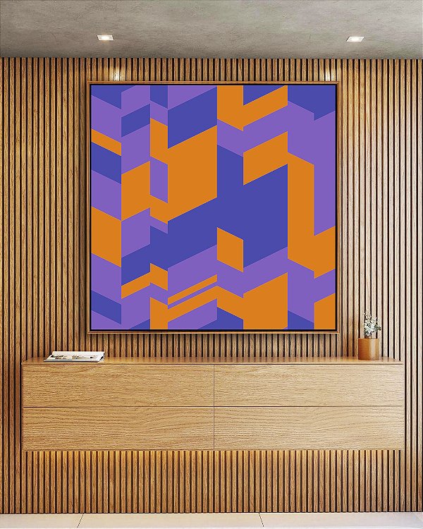 Quadro Quadrado Abstrato Mosaico Geométrico Lilás Roxo Laranja Canvas Moldura