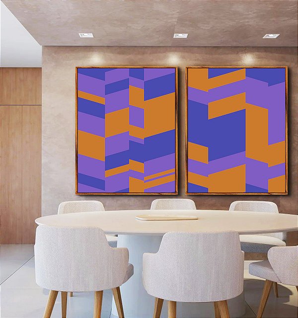 Duo de Quadros Abstrato Mosaico Geométrico Lilás Roxo Laranja Canvas Moldura