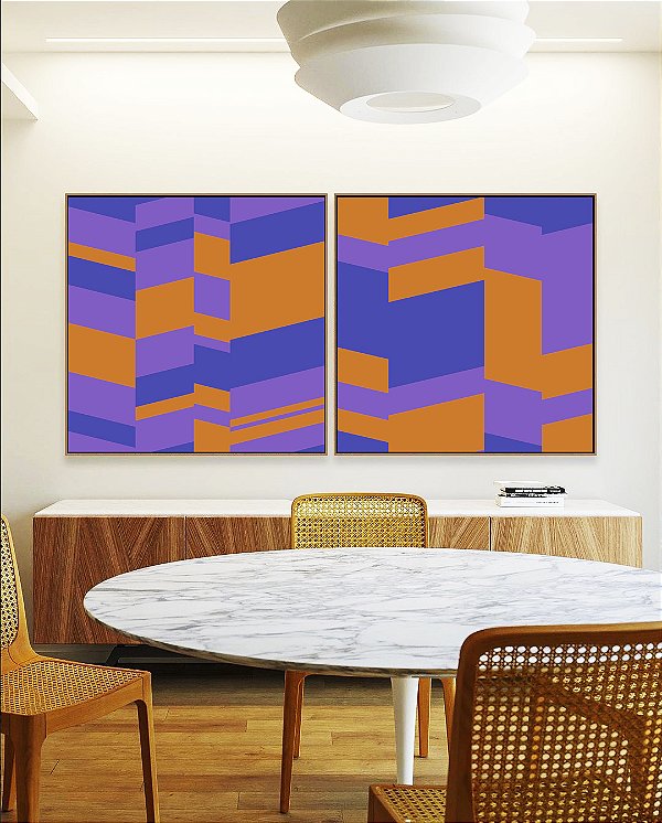 Duo de Quadros Quadrados Abstrato Mosaico Geométrico Lilás Roxo Laranja Canvas Moldura