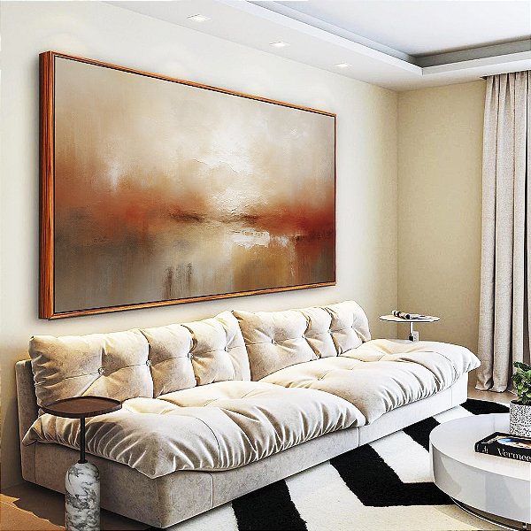 Quadro Horizontal Abstrato Terracota Cinza Concreto Branco Textura Canvas Moldura