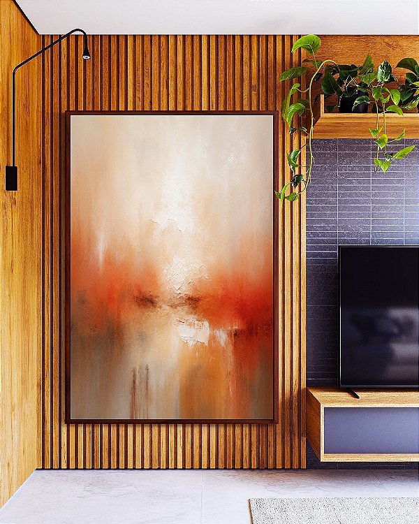 Quadro Vertical Abstrato Terracota Cinza Concreto Branco Textura Canvas Moldura