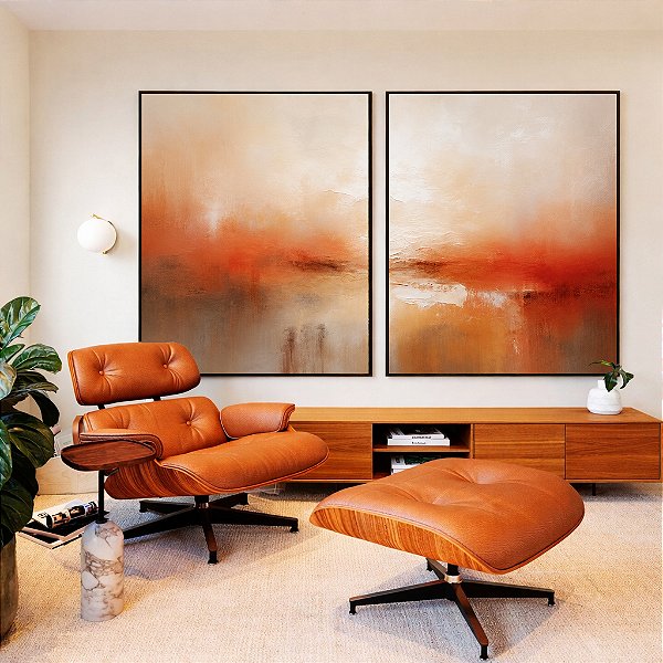 Duo de Quadros Abstrato Terracota Cinza Concreto Branco Textura Canvas Moldura