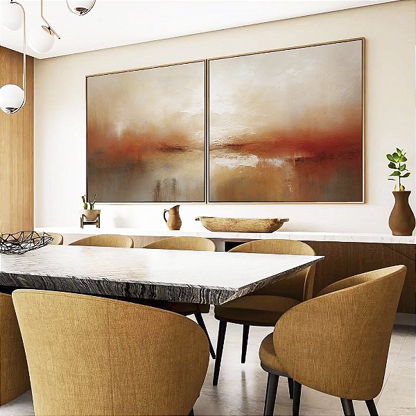 Duo de Quadros Quadrados Abstrato Terracota Cinza Concreto Branco Textura Canvas Moldura