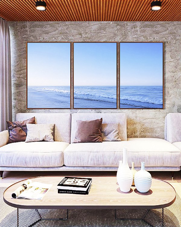 Trio de Quadros Mar Azul Claro Ondas Suaves Céu Limpo Natureza Canvas Moldura