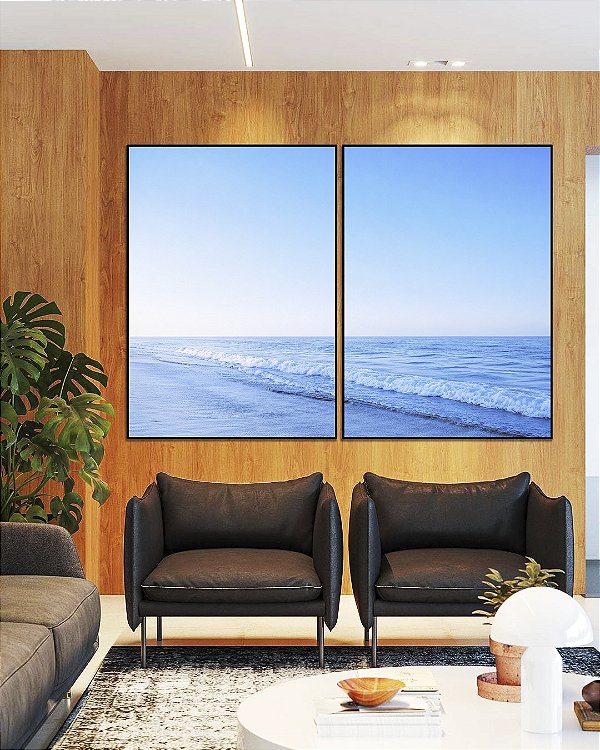 Duo de Quadros Mar Azul Claro Ondas Suaves Céu Limpo Natureza Canvas Moldura