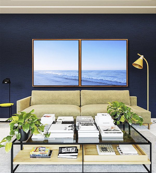 Duo de Quadros Quadrados Mar Azul Claro Ondas Suaves Céu Limpo Natureza Canvas Moldura