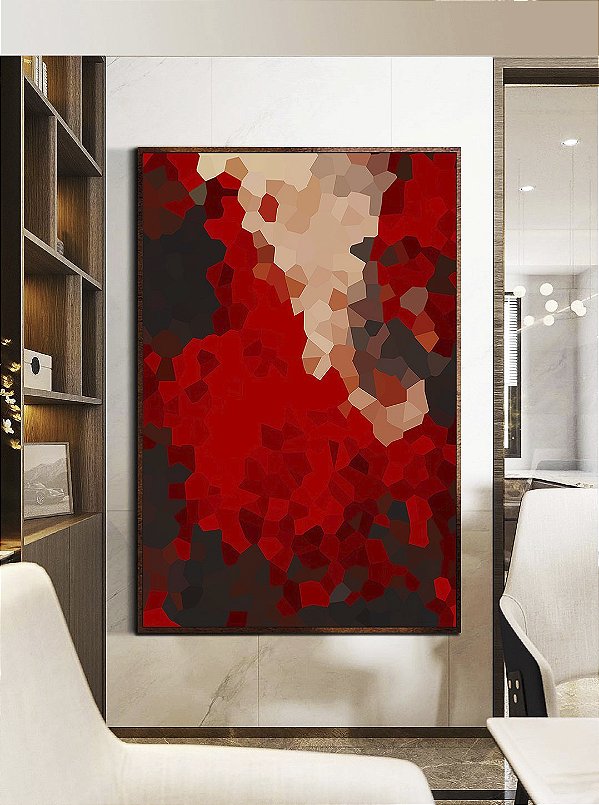 Quadro Vertical Abstrato Mosaico Geométrico Vermelho Marrom Canvas Moldura