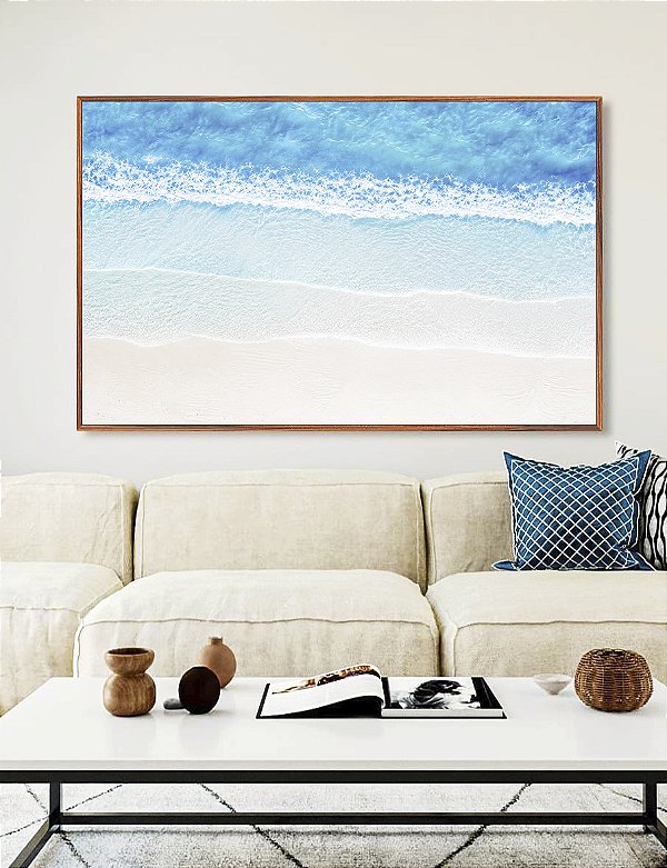 Quadro Horizontal Mar Azul Turquesa Faixas de Espuma Areia Clara Natureza Canvas Moldura