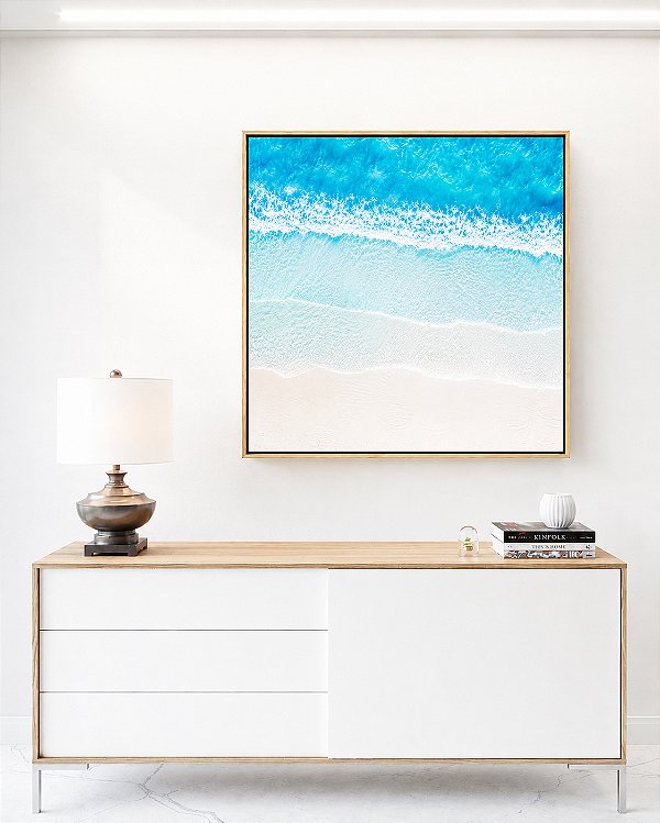 Quadro Quadrado Mar Azul Turquesa Faixas de Espuma Areia Clara Natureza Canvas Moldura