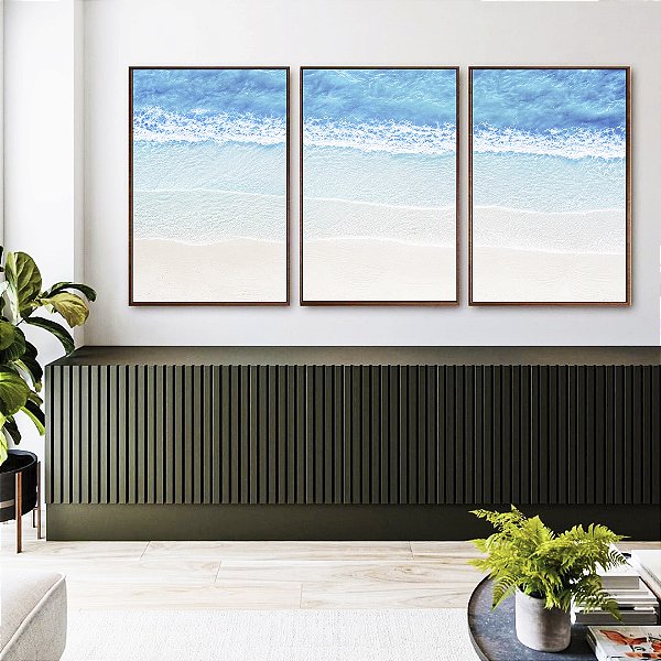 Trio de Quadros Mar Azul Turquesa Faixas de Espuma Areia Clara Natureza Canvas Moldura