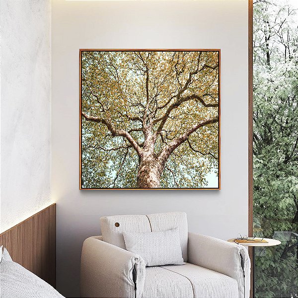 Quadro Quadrado Árvore Outono Folhas Douradas Céu Azul Turquesa Paisagem Natureza Canvas Moldura