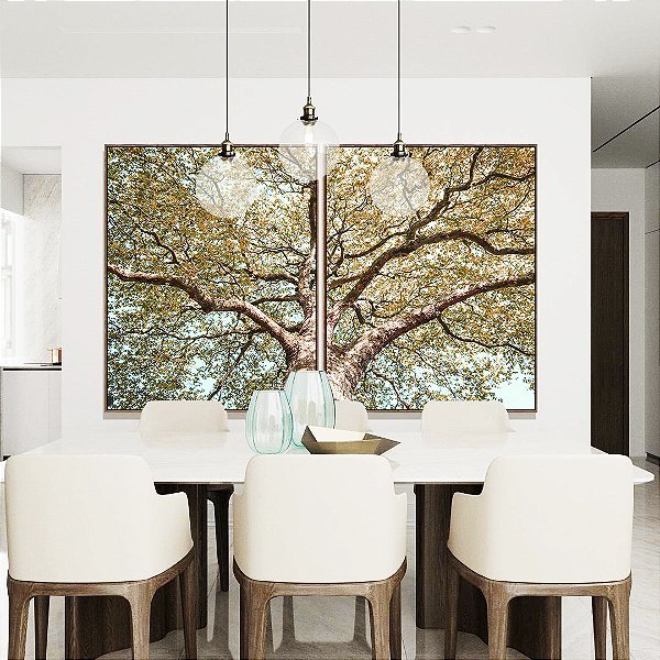 Duo de Quadros Árvore Outono Folhas Douradas Céu Azul Turquesa Paisagem Natureza Canvas Moldura