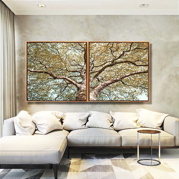 Duo de Quadros Quadrados Árvore Outono Folhas Douradas Céu Azul Turquesa Paisagem Natureza Canvas Moldura