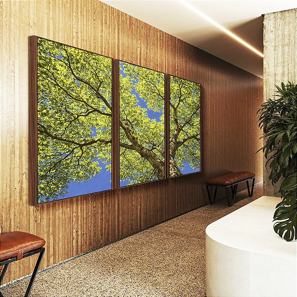 Trio de Quadros Árvore Folhas Verde Vívido Céu Azul Intenso Natureza Paisagem Canvas Moldura