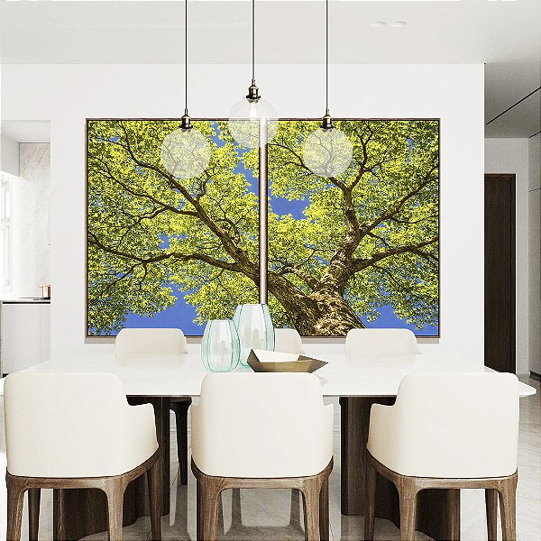 Duo de Quadros Árvore Folhas Verde Vívido Céu Azul Intenso Natureza Paisagem Canvas Moldura
