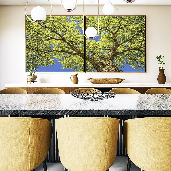 Duo de Quadros Quadrados Árvore Folhas Verde Vívido Céu Azul Intenso Natureza Paisagem Canvas Moldura