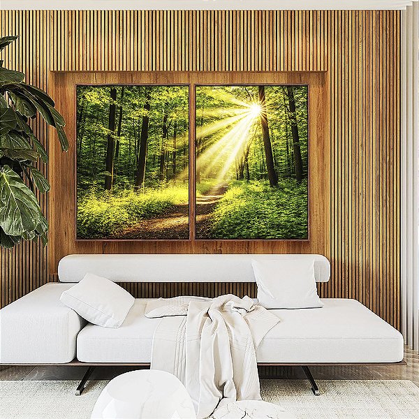 Duo de Quadros Caminho na Floresta Luz Dourada Sol Natureza Canvas Moldura