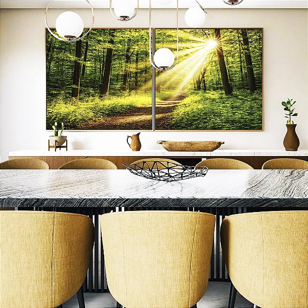 Duo de Quadros Quadrados Caminho na Floresta Luz Dourada Sol Natureza Canvas Moldura
