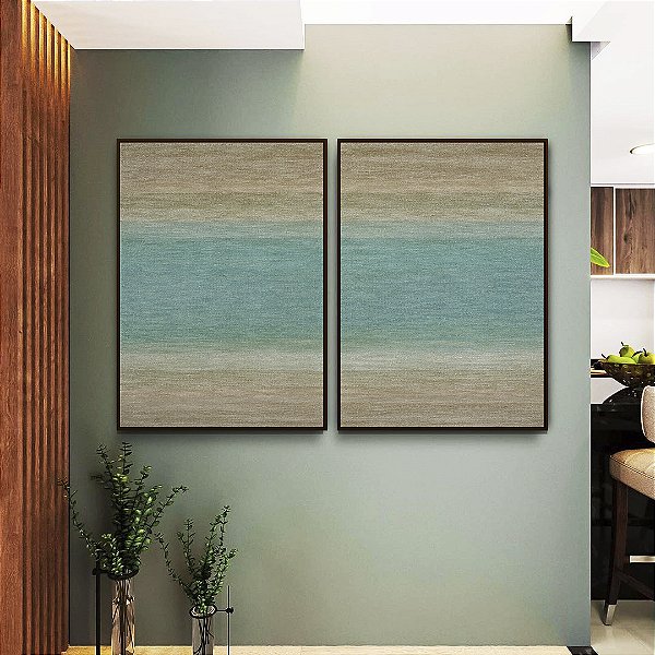 Duo de Quadros Abstrato Textura Azul Turquesa Areia Bege Marrom Canvas Moldura