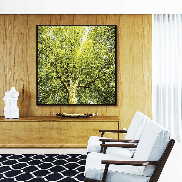 Quadro Quadrado Árvore Galhos Folhas em Verde Intenso Vivo Natureza Paisagem Canvas Moldura