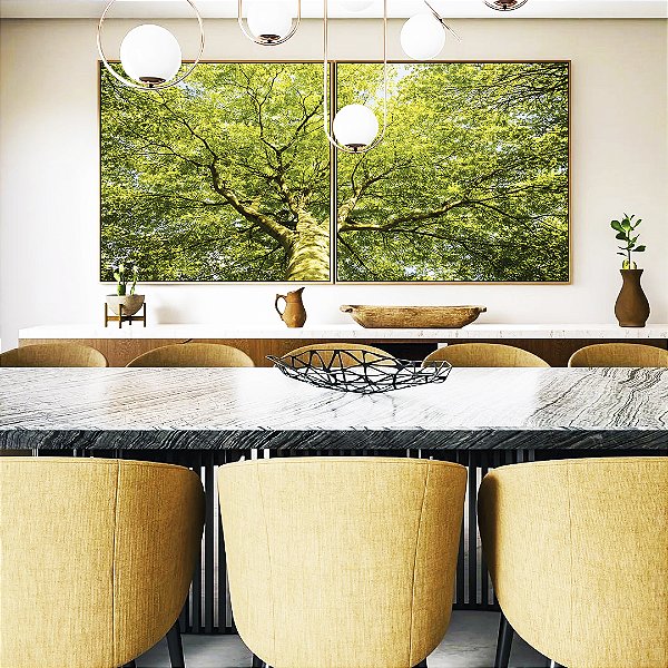 Duo de Quadros Quadrados Árvore Galhos Folhas em Verde Intenso Vivo Natureza Paisagem Canvas Moldura