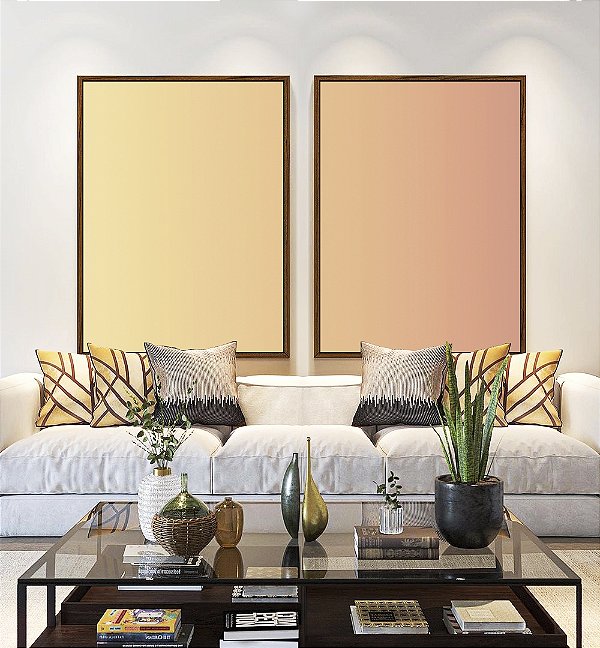 Duo de Quadros Abstrato Degradê Rosé Bege e Pêssego Canvas Moldura