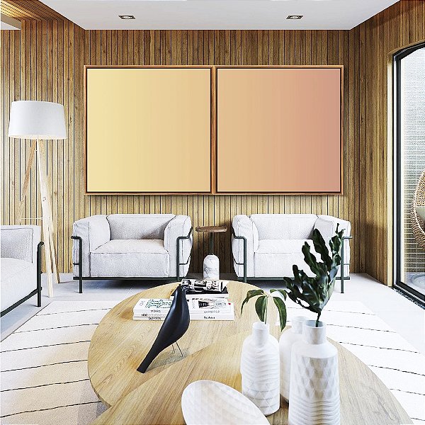 Duo de Quadros Quadrados Abstrato Degradê Rosé Bege e Pêssego Canvas Moldura