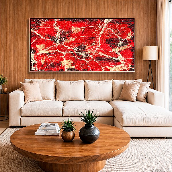 Quadro Horizontal Abstrato Mármore Vermelho Marfim Preto Canvas Moldura