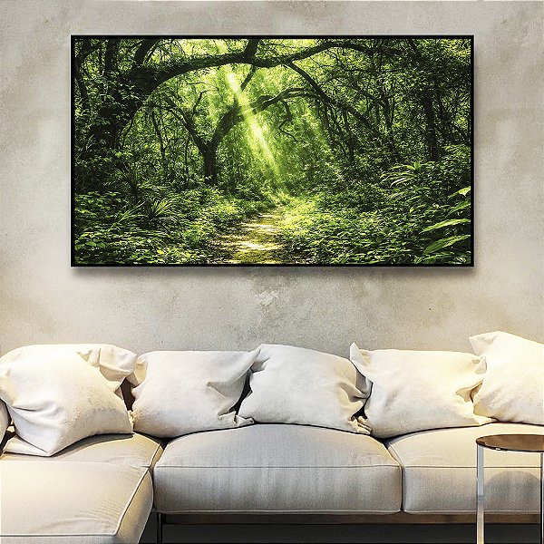Quadro Horizontal Caminho Estrada Floresta Árvore Verde Intenso Canvas Moldura