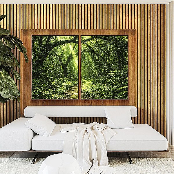 Duo de Quadros Caminho Estrada Floresta Árvore Verde Intenso Canvas Moldura
