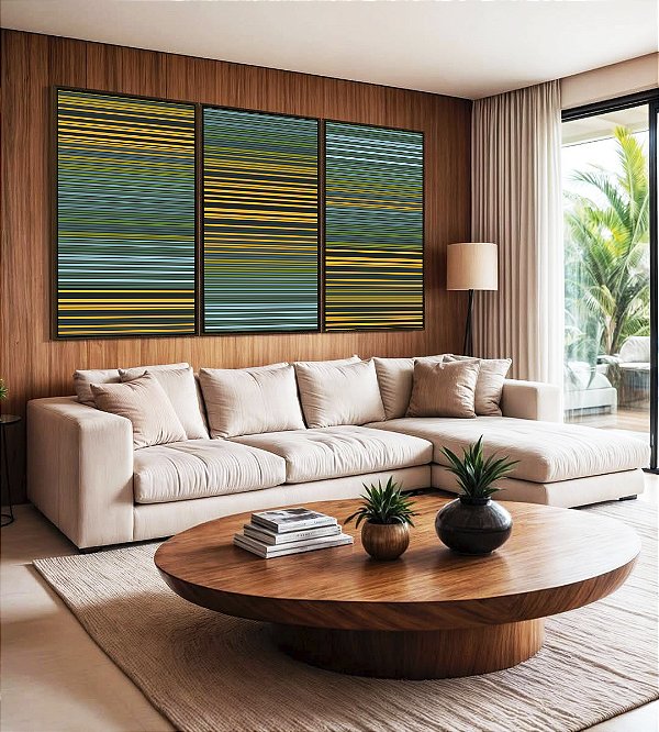 Trio de Quadros Abstrato Degradê Listras Verde Amarelo Ouro Canvas Moldura