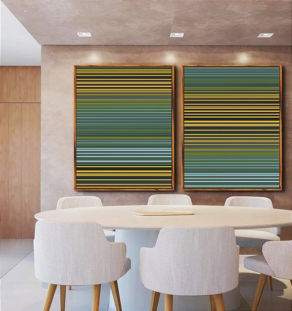 Duo de Quadros Abstrato Degradê Listras Verde Amarelo Ouro Canvas Moldura